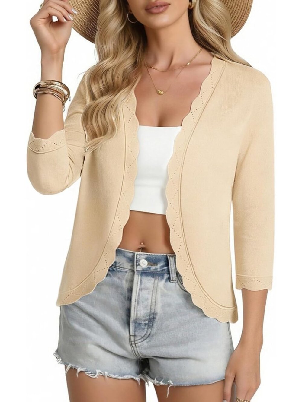 🆕Women's Apricot Lightweight 3/4 Sleeve Cropped Cardigan Scalloped Shrug